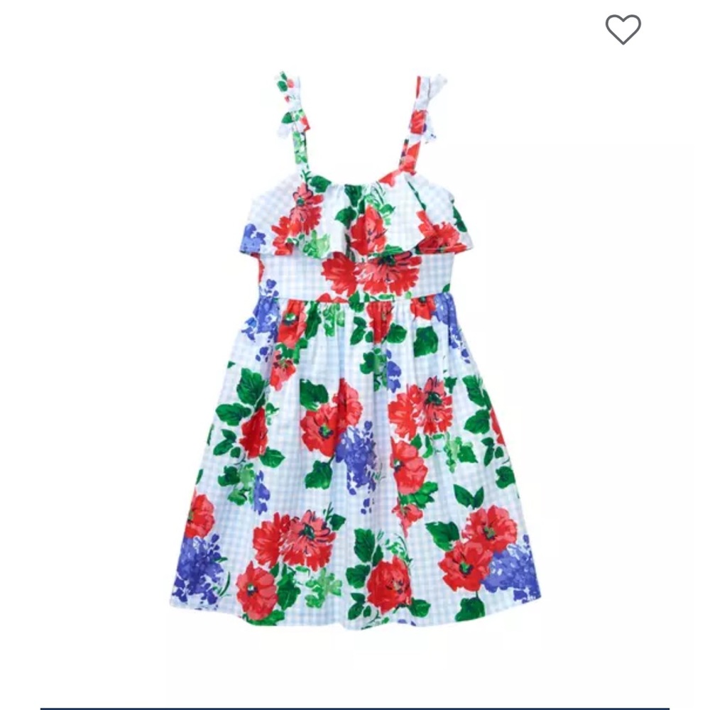 Janie and Jack Sky Blue Floral Gingham Dress w/ruffle details, bow straps 6-12mo